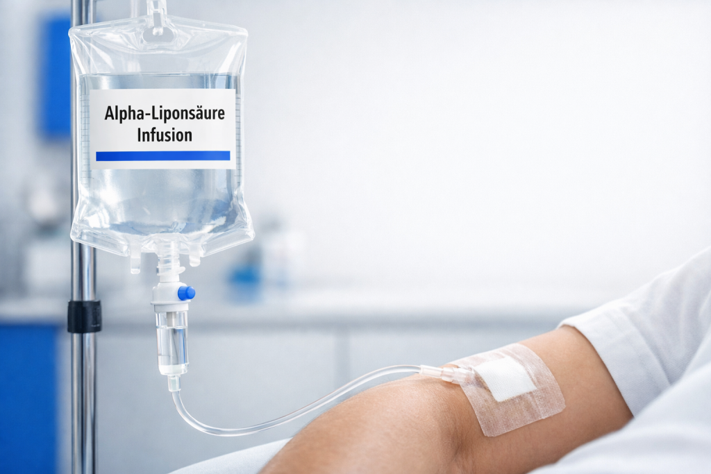 Alpha-Liponsäure Infusion an einem Infusionsständer, intravenös verabreicht in den Arm eines Patienten in einer medizinischen Umgebung.