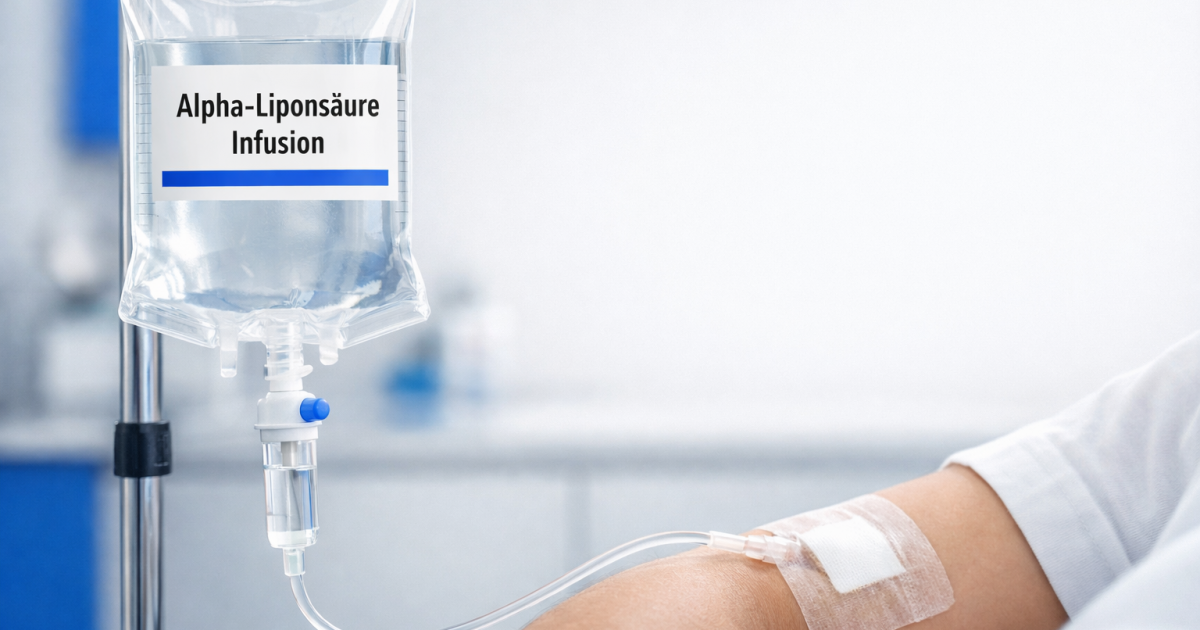 Alpha-Liponsäure Infusion an einem Infusionsständer, intravenös verabreicht in den Arm eines Patienten in einer medizinischen Umgebung.