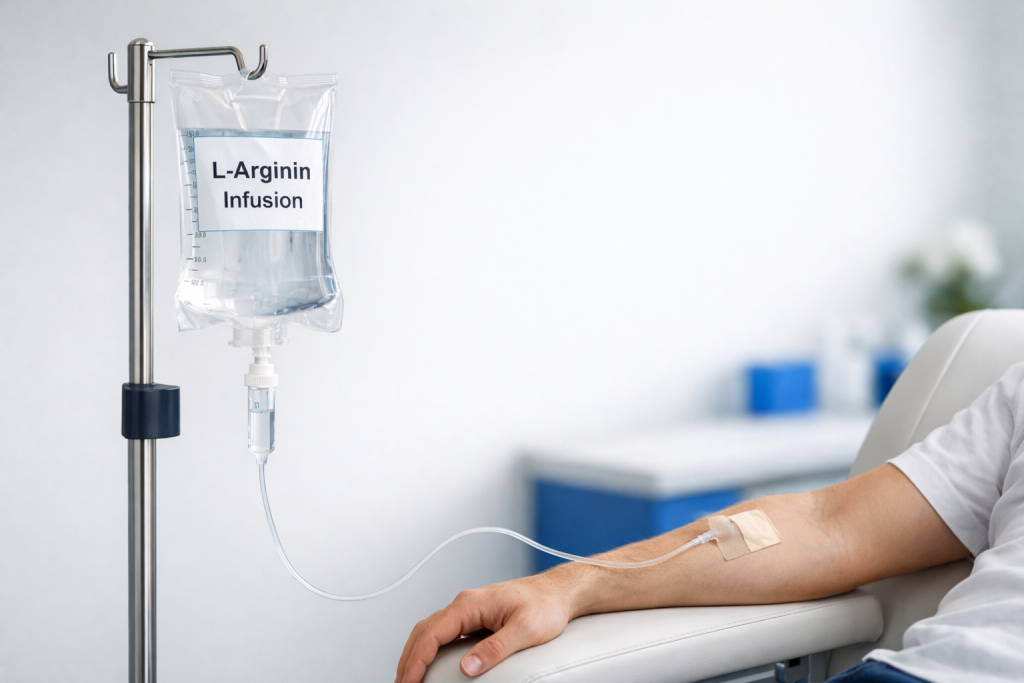 L-Arginin Infusion an einem Infusionsständer, verbunden mit dem Arm eines Patienten in einer medizinischen Umgebung.