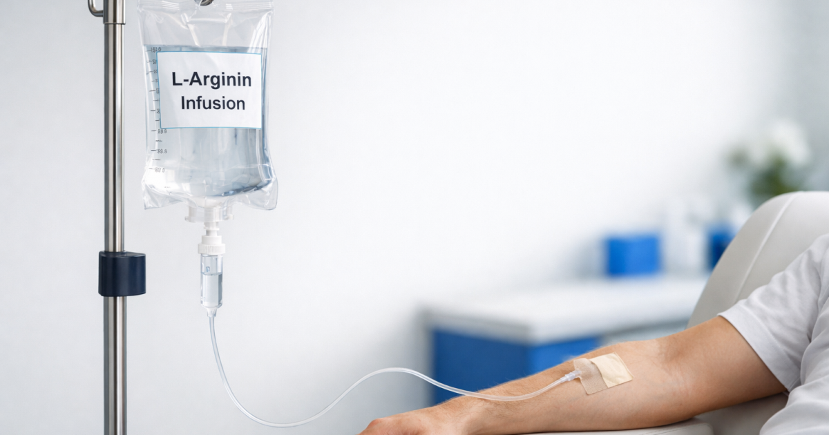 L-Arginin Infusion an einem Infusionsständer, verbunden mit dem Arm eines Patienten in einer medizinischen Umgebung.