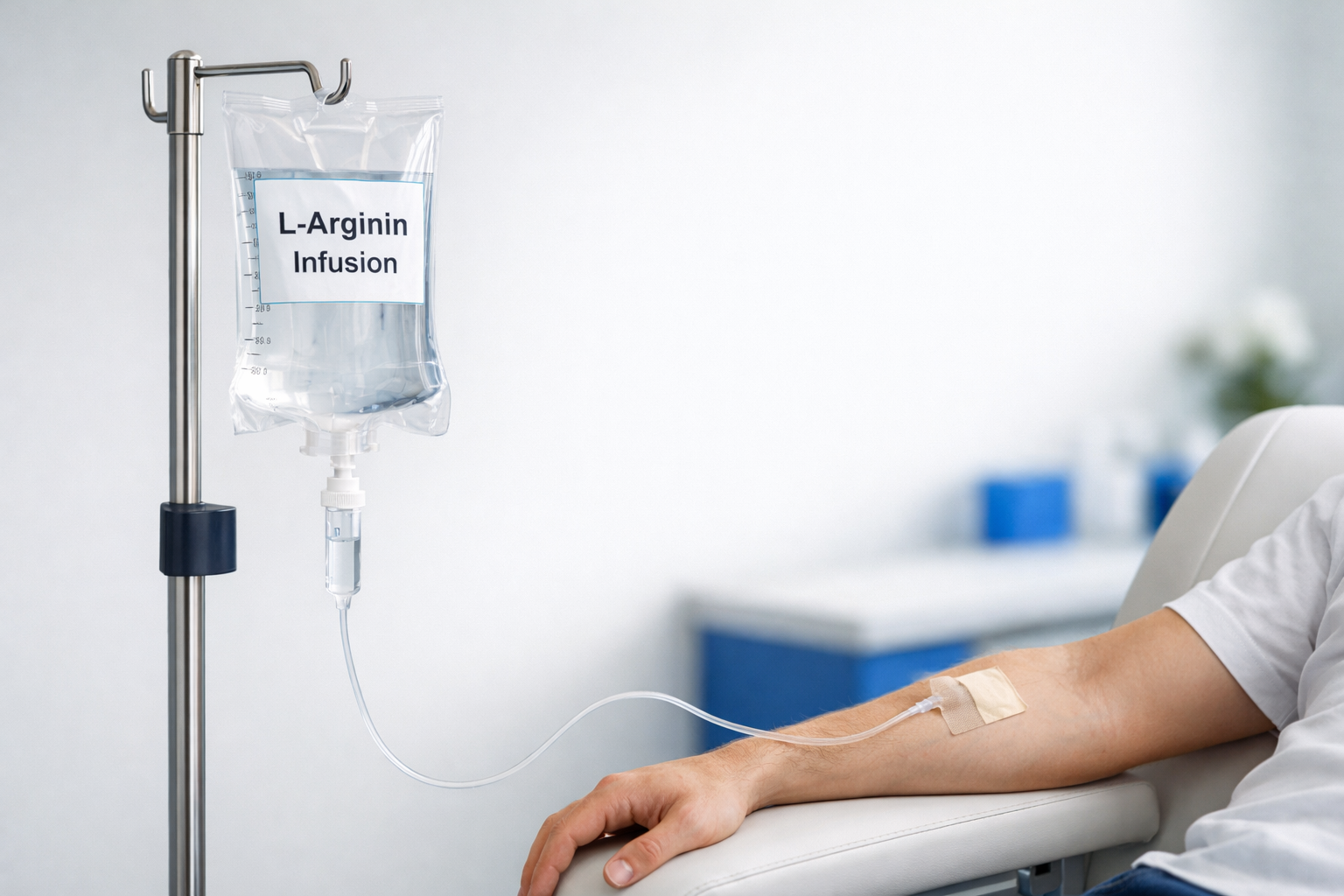 L-Arginin Infusion an einem Infusionsständer, verbunden mit dem Arm eines Patienten in einer medizinischen Umgebung.
