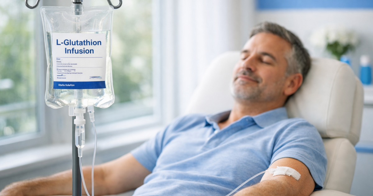 L-Glutathion Infusion an einem Infusionsständer, intravenös verabreicht an einen entspannten Patienten in einer medizinischen Praxis.