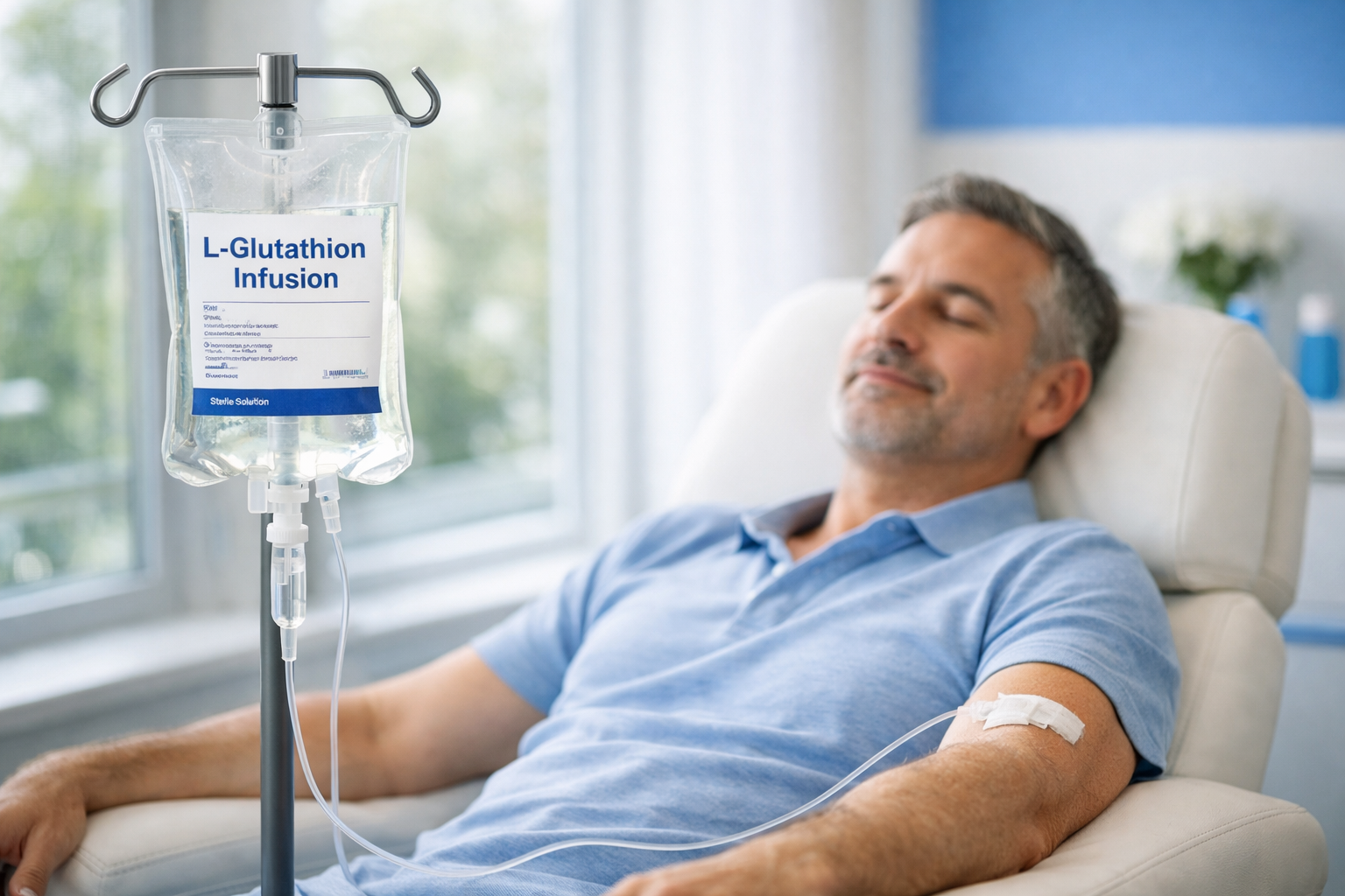 L-Glutathion Infusion an einem Infusionsständer, intravenös verabreicht an einen entspannten Patienten in einer medizinischen Praxis.