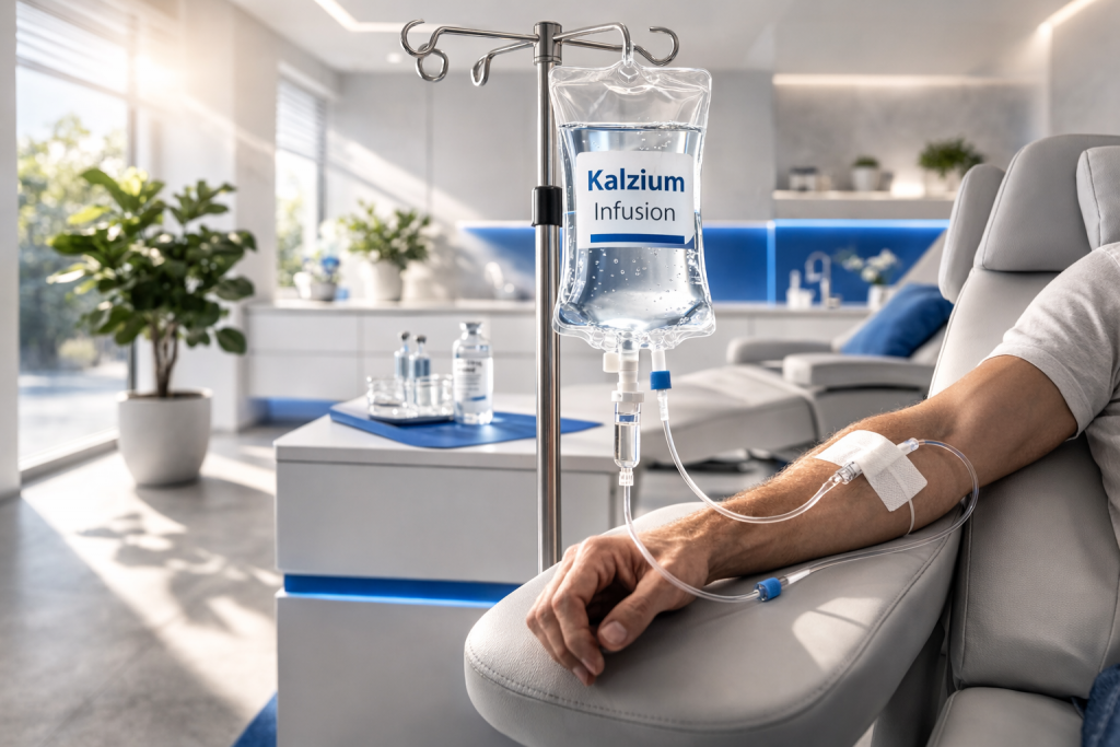 Kalzium-Infusion in transparenter Infusionsflasche an einem Infusionsständer in einer hellen, minimalistischen Arztpraxis; Schlauch führt zum Arm eines Patienten mit Pflaster über der Einstichstelle, ruhige klinische Atmosphäre mit dezenten blauen Akzenten.