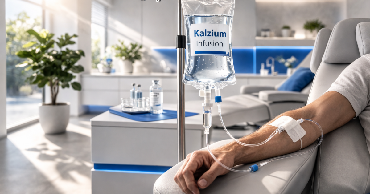 Kalzium-Infusion in transparenter Infusionsflasche an einem Infusionsständer in einer hellen, minimalistischen Arztpraxis; Schlauch führt zum Arm eines Patienten mit Pflaster über der Einstichstelle, ruhige klinische Atmosphäre mit dezenten blauen Akzenten.