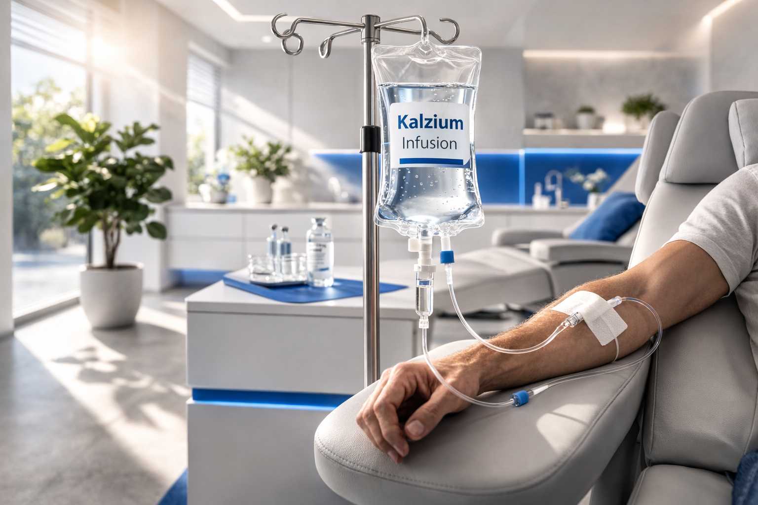 Kalzium-Infusion in transparenter Infusionsflasche an einem Infusionsständer in einer hellen, minimalistischen Arztpraxis; Schlauch führt zum Arm eines Patienten mit Pflaster über der Einstichstelle, ruhige klinische Atmosphäre mit dezenten blauen Akzenten.