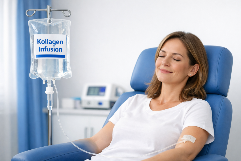 Entspannte erwachsene Frau sitzt in einem blauen Behandlungsstuhl in einer hellen, modernen Arztpraxis und erhält eine Infusion; ein transparenter Infusionsbeutel mit der Aufschrift „Kollagen Infusion“ hängt am Ständer, der Schlauch führt zu ihrem Arm, wo die Einstichstelle mit einem kleinen Pflaster abgedeckt ist.