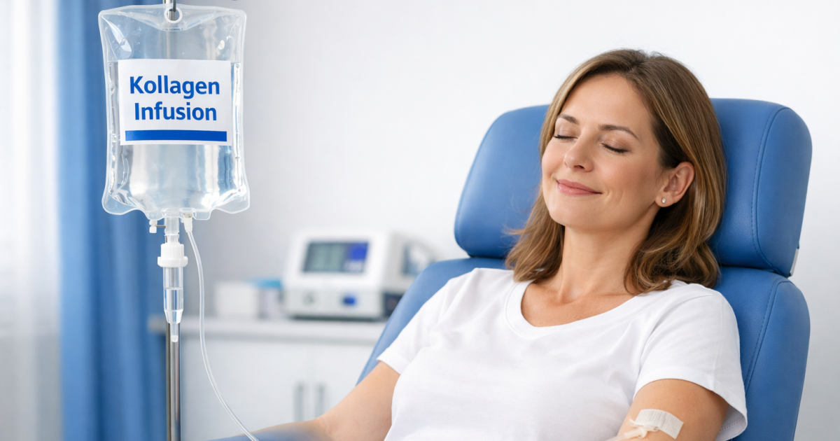Entspannte erwachsene Frau sitzt in einem blauen Behandlungsstuhl in einer hellen, modernen Arztpraxis und erhält eine Infusion; ein transparenter Infusionsbeutel mit der Aufschrift „Kollagen Infusion“ hängt am Ständer, der Schlauch führt zu ihrem Arm, wo die Einstichstelle mit einem kleinen Pflaster abgedeckt ist.