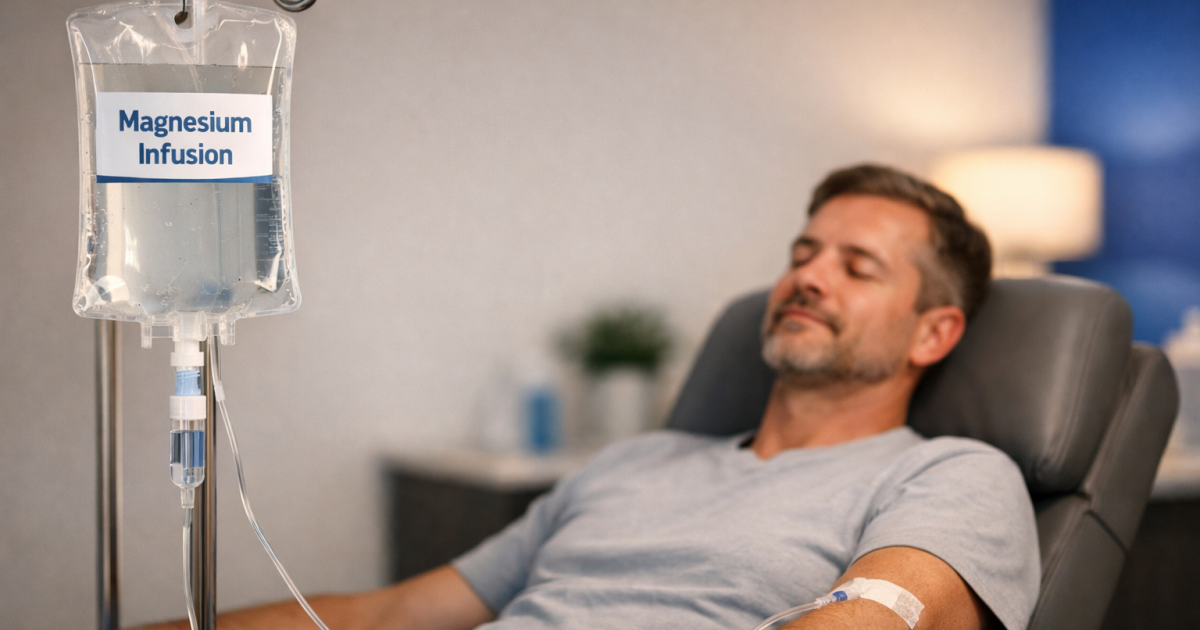 Patient entspannt im Behandlungsstuhl während einer Magnesium-Infusion, transparenter Infusionsbeutel mit Beschriftung, Schlauch zum Arm mit Pflaster (keine Nadel sichtbar), ruhige moderne Praxis, warmes Licht, viel Freiraum für Text.