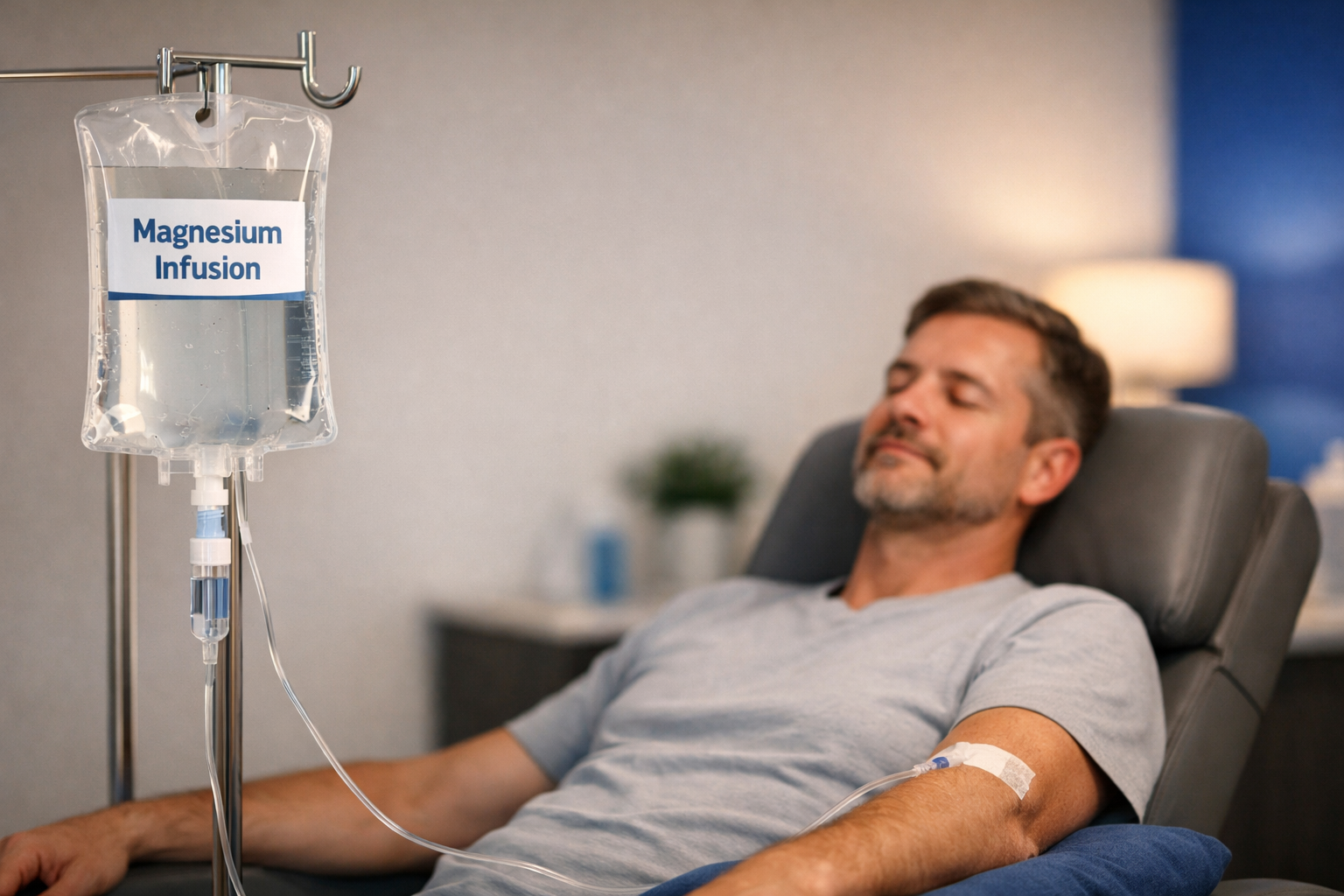 Patient entspannt im Behandlungsstuhl während einer Magnesium-Infusion, transparenter Infusionsbeutel mit Beschriftung, Schlauch zum Arm mit Pflaster (keine Nadel sichtbar), ruhige moderne Praxis, warmes Licht, viel Freiraum für Text.