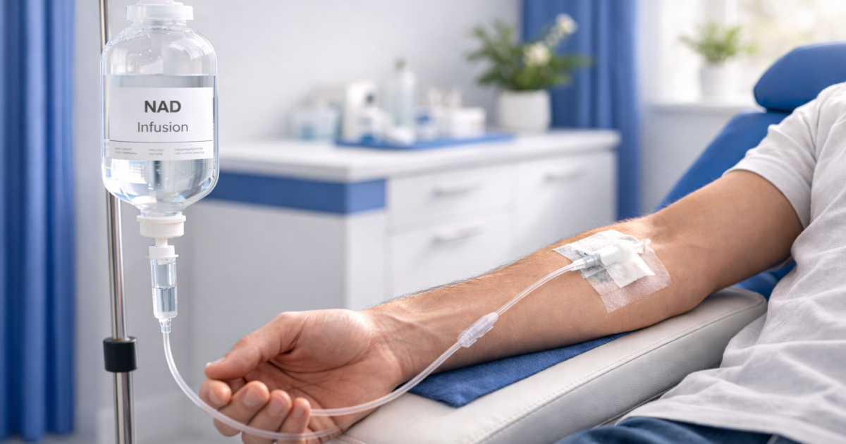 NAD Infusion an einem Infusionsständer, intravenös verabreicht in den Arm eines Patienten in einer medizinischen Praxis.