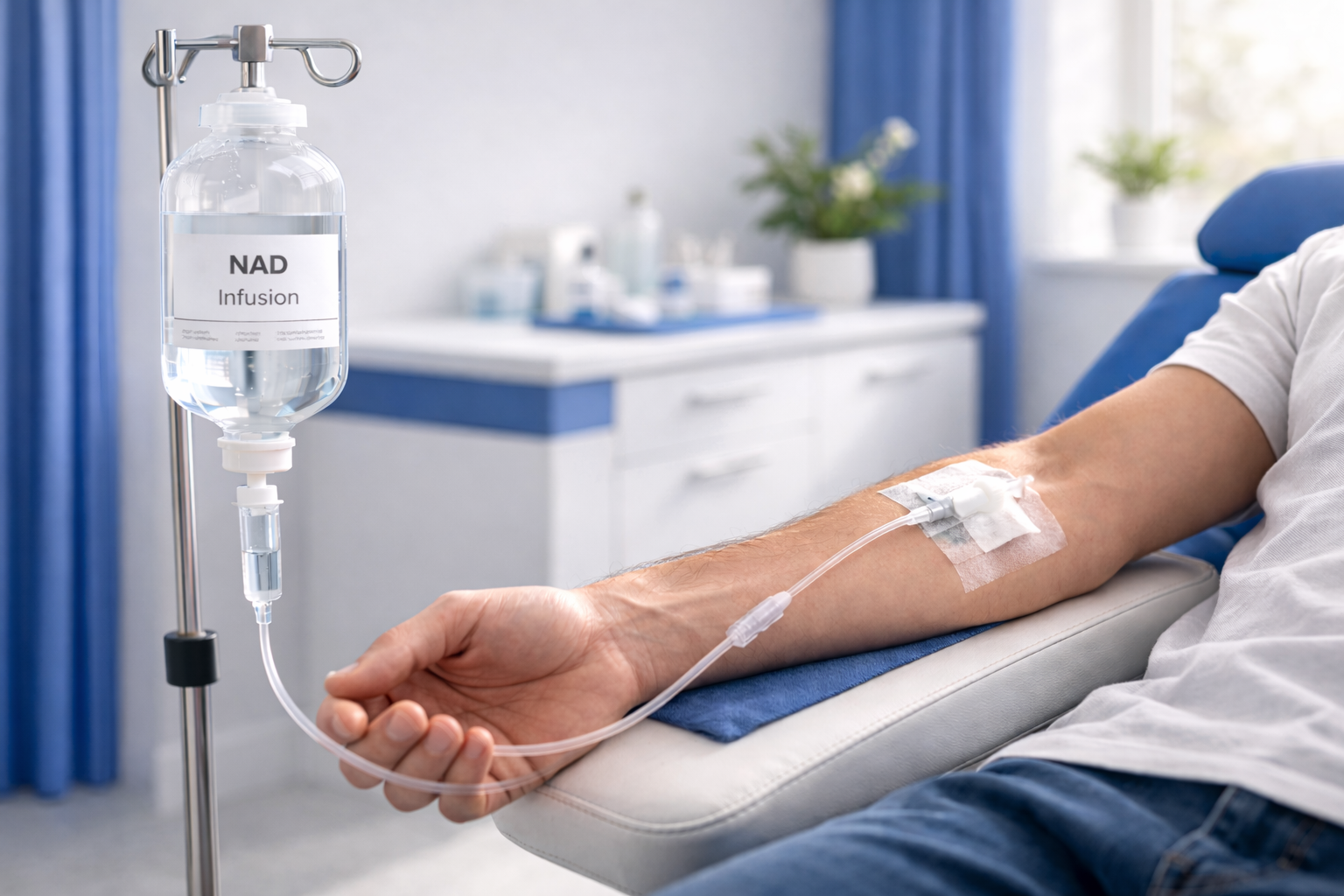 NAD Infusion an einem Infusionsständer, intravenös verabreicht in den Arm eines Patienten in einer medizinischen Praxis.