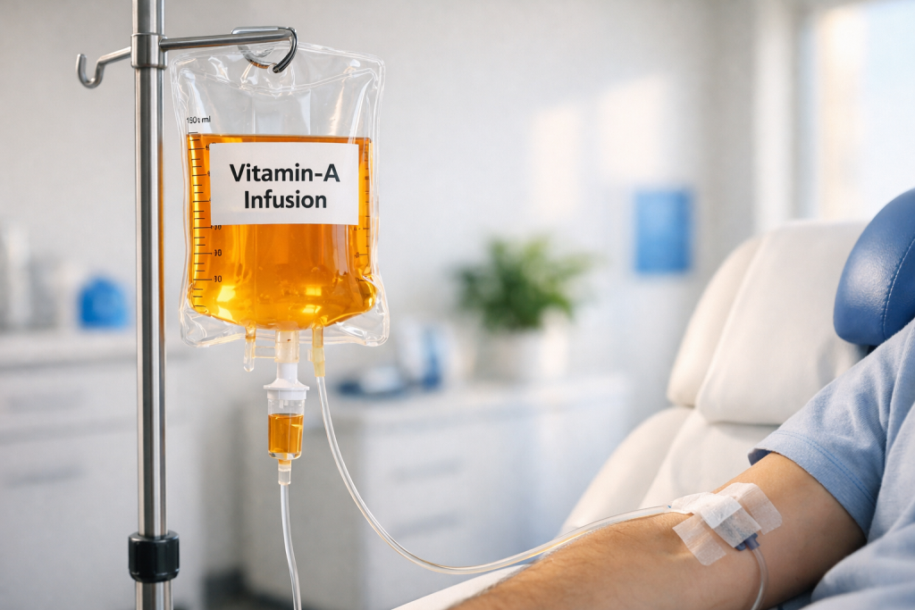 Hochrealistische Vitamin-A-Infusion in moderner Arztpraxis: transparenter Infusionsbeutel mit gold-orangener Flüssigkeit und Etikett „Vitamin-A Infusion“ an Infusionsständer, Schlauch führt zum Arm eines Patienten mit Pflaster, warme natürliche Beleuchtung und freundliche klinische Umgebung mit blauen Akzenten.