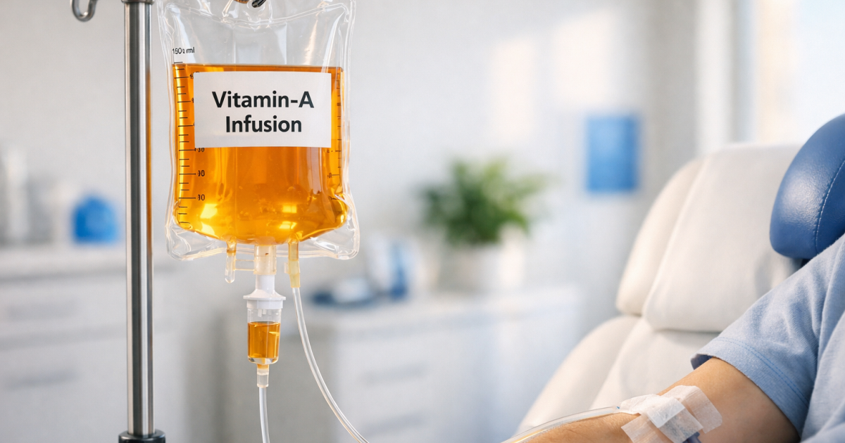 Hochrealistische Vitamin-A-Infusion in moderner Arztpraxis: transparenter Infusionsbeutel mit gold-orangener Flüssigkeit und Etikett „Vitamin-A Infusion“ an Infusionsständer, Schlauch führt zum Arm eines Patienten mit Pflaster, warme natürliche Beleuchtung und freundliche klinische Umgebung mit blauen Akzenten.