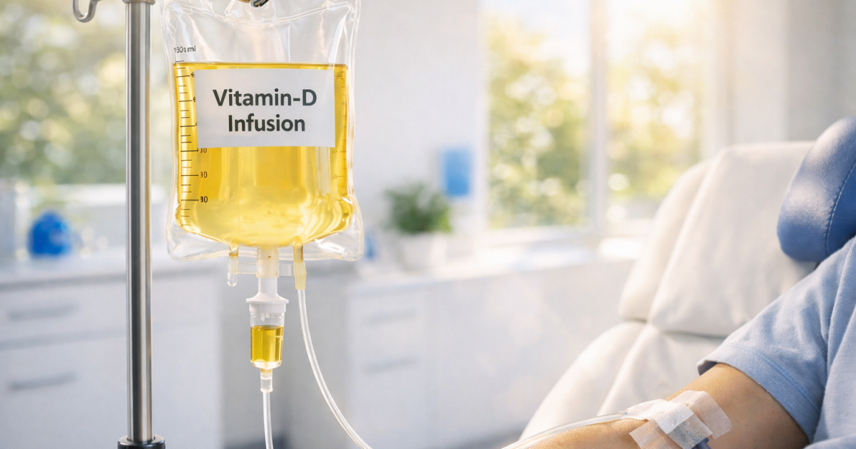 Hochrealistische Vitamin-D-Infusion in heller moderner Praxis nahe einem großen Fenster: transparenter Infusionsbeutel mit gelblicher Flüssigkeit und Etikett „Vitamin-D Infusion“, Schlauch führt zum Arm eines entspannten Patienten mit Pflaster über dem Zugang, warmes Sonnenlicht und freundliche klinische Umgebung mit dezenten blauen Akzenten.