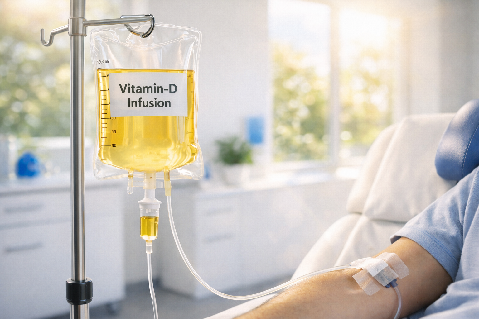 Hochrealistische Vitamin-D-Infusion in heller moderner Praxis nahe einem großen Fenster: transparenter Infusionsbeutel mit gelblicher Flüssigkeit und Etikett „Vitamin-D Infusion“, Schlauch führt zum Arm eines entspannten Patienten mit Pflaster über dem Zugang, warmes Sonnenlicht und freundliche klinische Umgebung mit dezenten blauen Akzenten.