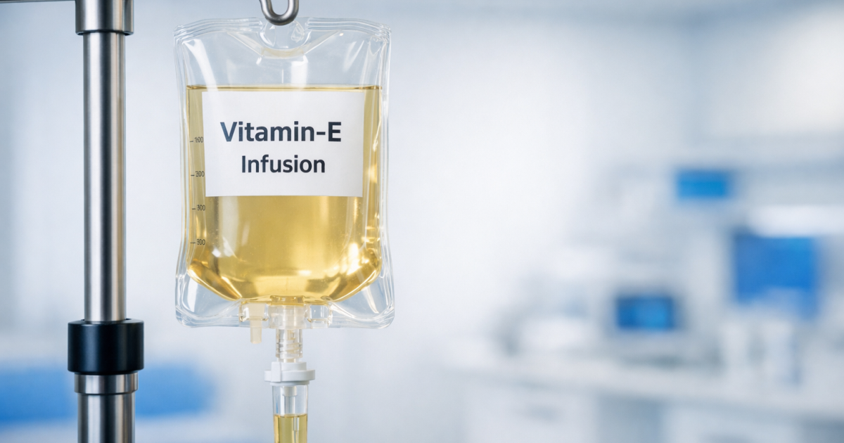 Vitamin-E-Infusion in moderner Klinik an Infusionsständer, transparenter Beutel mit goldfarbener Flüssigkeit und Etikett, steriler unscharfer Hintergrund.