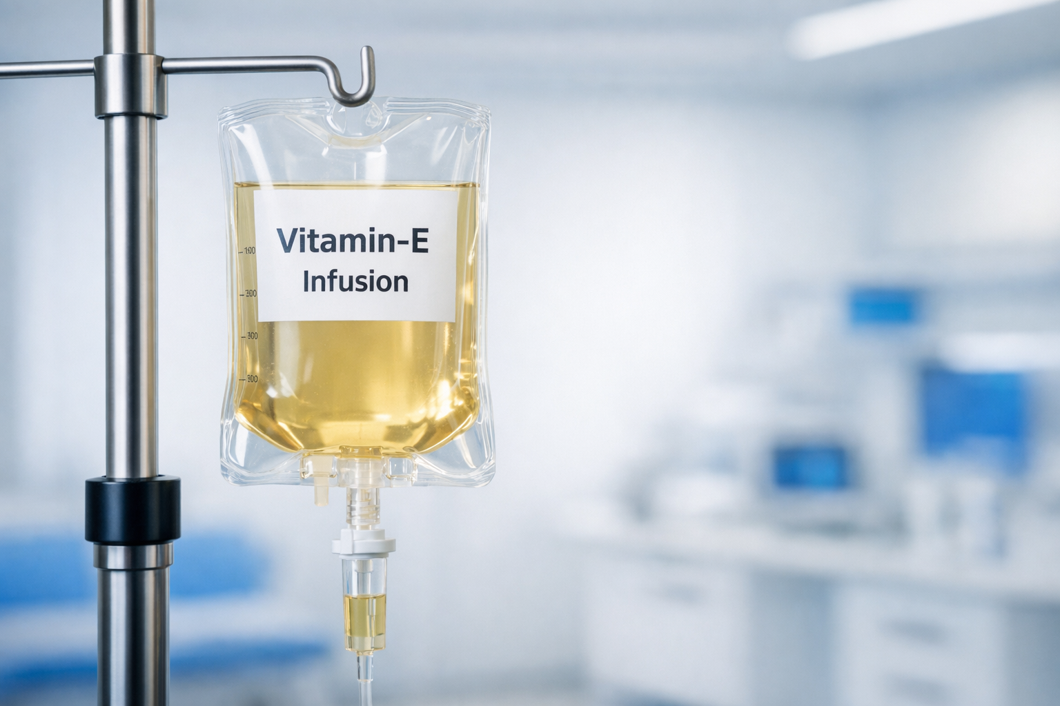 Vitamin-E-Infusion in moderner Klinik an Infusionsständer, transparenter Beutel mit goldfarbener Flüssigkeit und Etikett, steriler unscharfer Hintergrund.