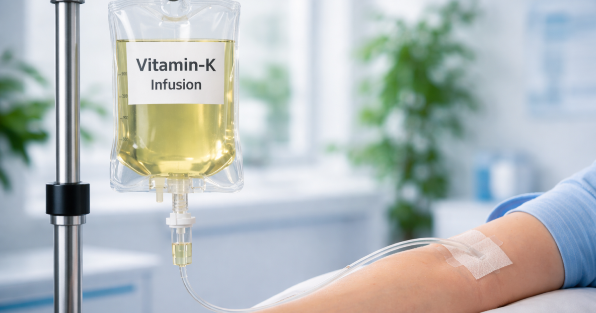 Infusionsbeutel mit gelblicher Flüssigkeit und der Aufschrift „Vitamin-K Infusion“, der an einem Infusionsständer hängt und über einen Schlauch mit dem Arm einer Person verbunden ist.