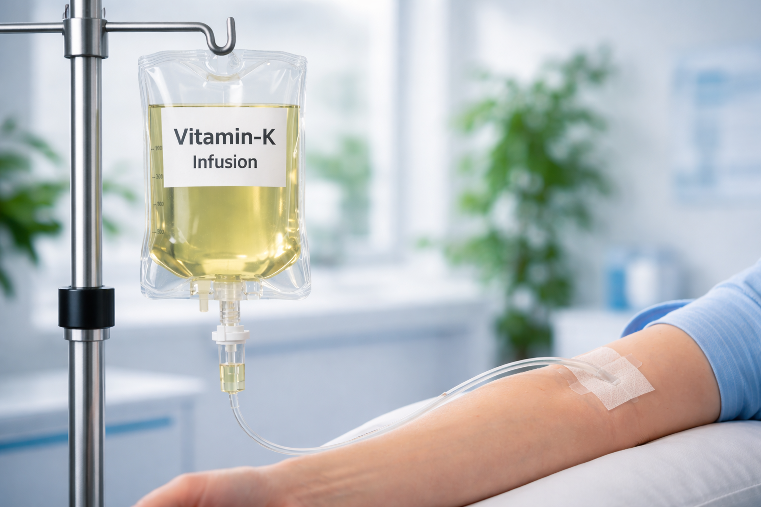 Infusionsbeutel mit gelblicher Flüssigkeit und der Aufschrift „Vitamin-K Infusion“, der an einem Infusionsständer hängt und über einen Schlauch mit dem Arm einer Person verbunden ist.