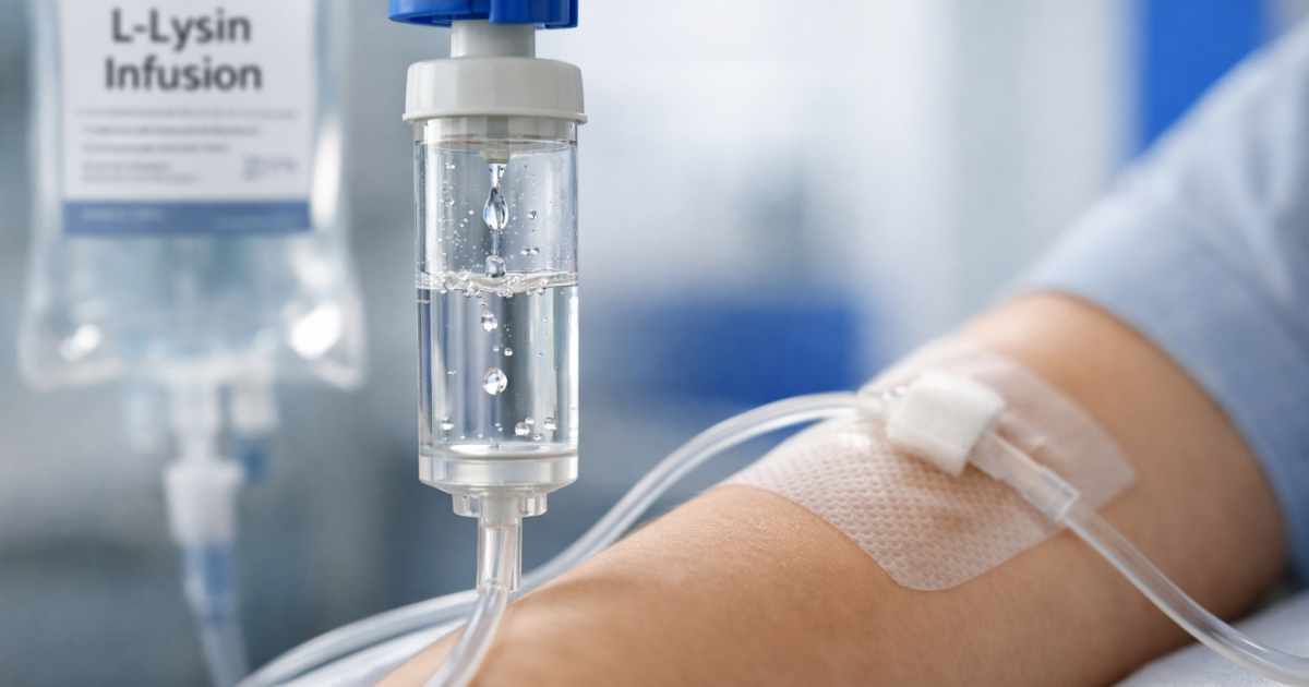 Nahaufnahme einer L-Lysin Infusion, die über einen Tropf intravenös in den Arm eines Patienten verabreicht wird.