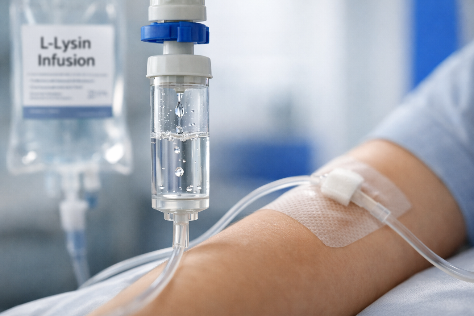 Nahaufnahme einer L-Lysin Infusion, die über einen Tropf intravenös in den Arm eines Patienten verabreicht wird.