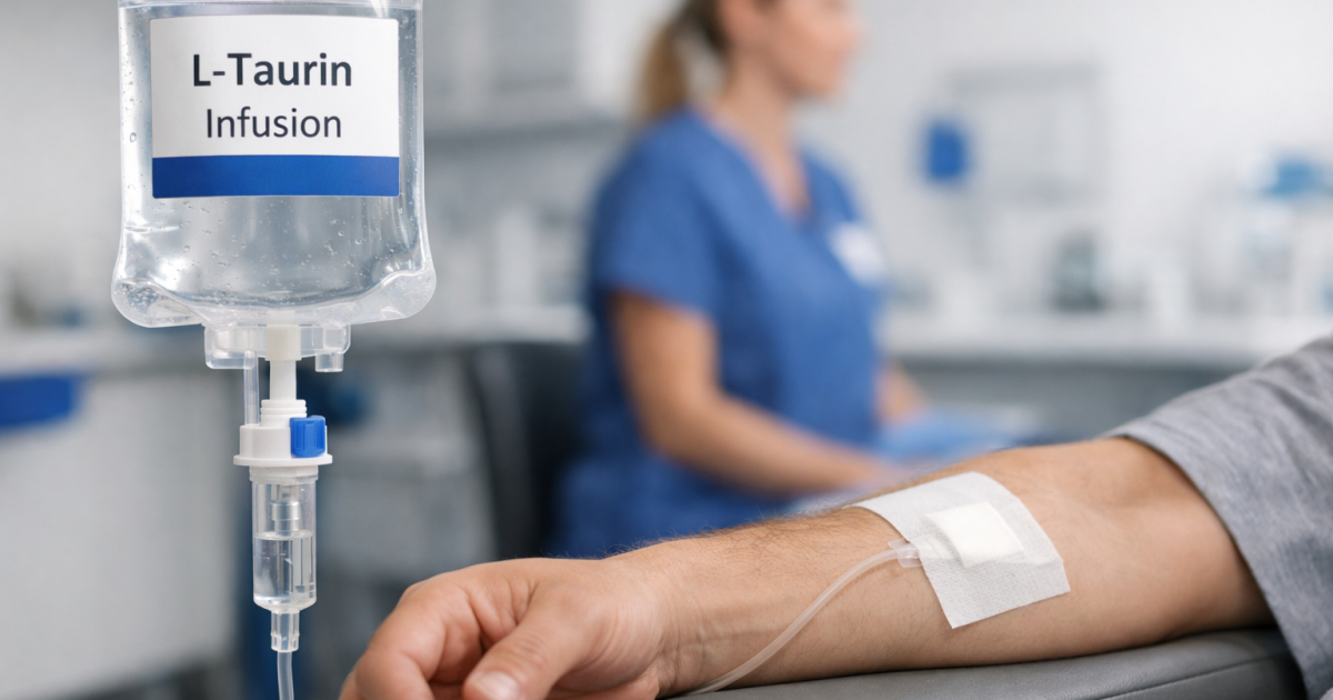 L-Taurin Infusion an einem Tropf, intravenös verabreicht in den Arm eines Patienten in einer klinischen Umgebung.