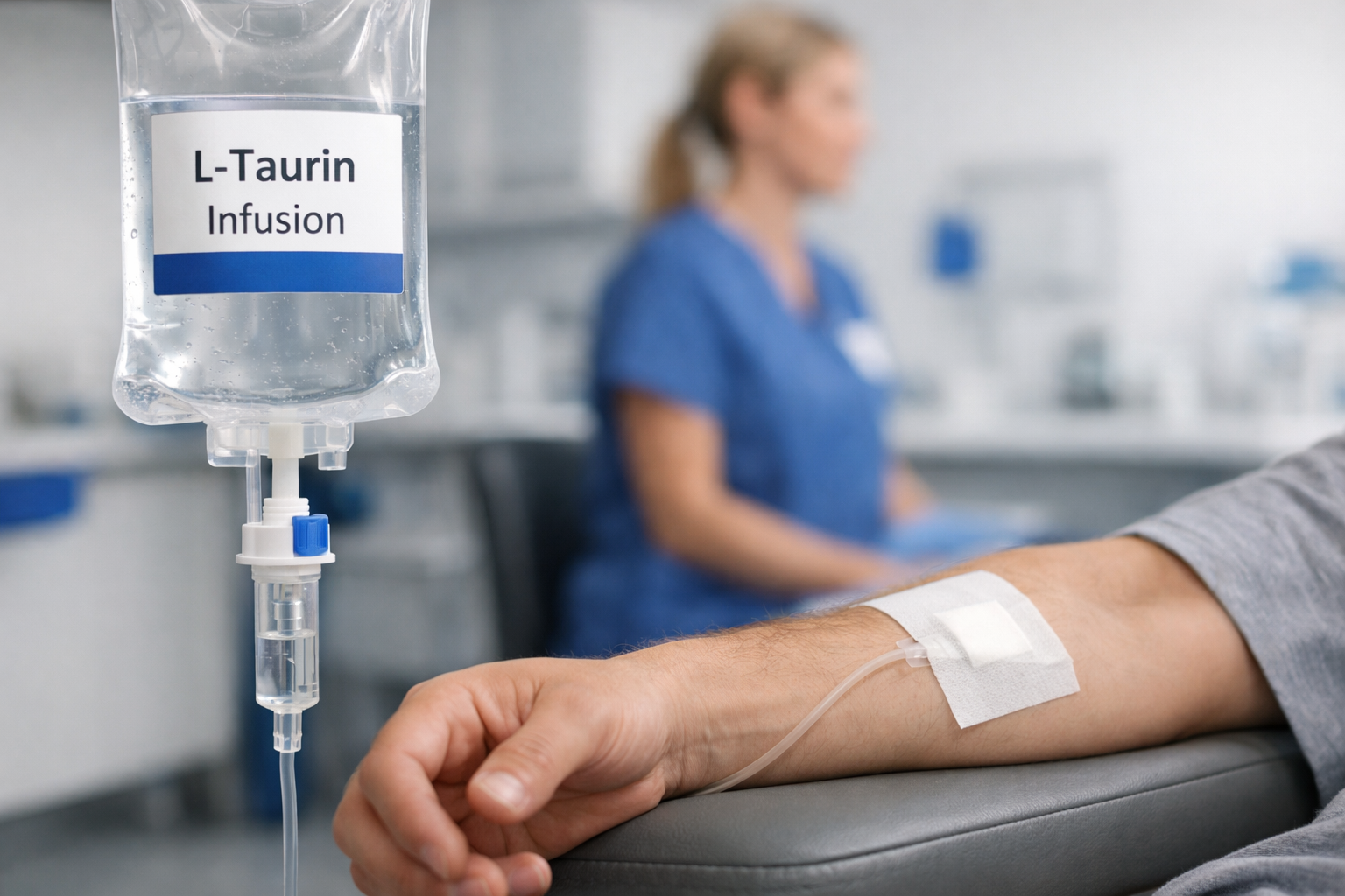 L-Taurin Infusion an einem Tropf, intravenös verabreicht in den Arm eines Patienten in einer klinischen Umgebung.