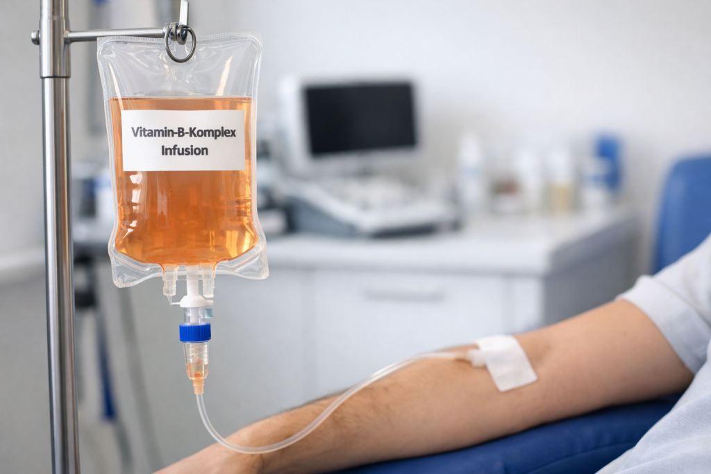 Transparenter Infusionsbeutel einer Vitamin-B-Komplex Infusion an einem Infusionsständer in moderner Arztpraxis, bernsteinfarbene Flüssigkeit, Schlauch führt zum Arm eines Patienten mit Pflaster, Hintergrund weich unscharf und klinisch sauber.