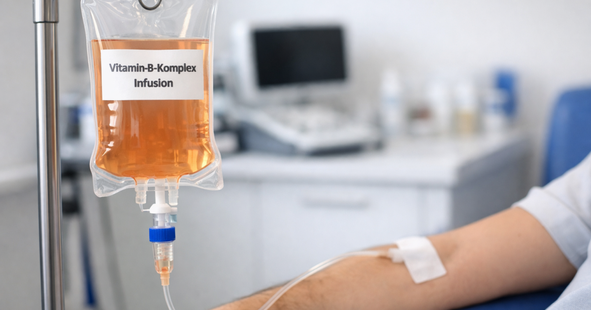 Transparenter Infusionsbeutel einer Vitamin-B-Komplex Infusion an einem Infusionsständer in moderner Arztpraxis, bernsteinfarbene Flüssigkeit, Schlauch führt zum Arm eines Patienten mit Pflaster, Hintergrund weich unscharf und klinisch sauber.