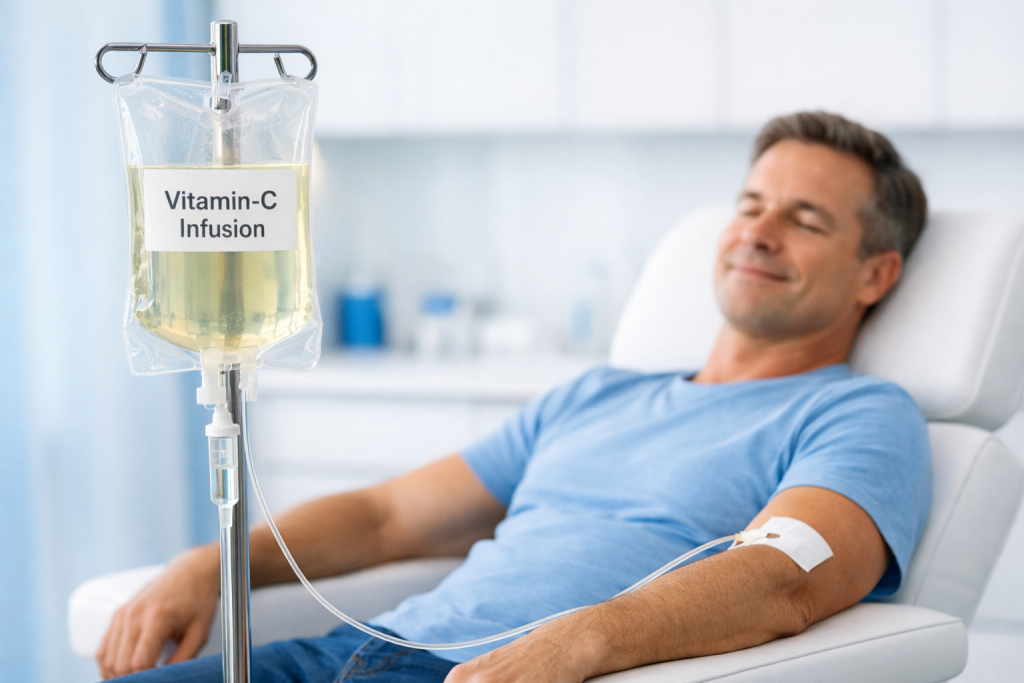 Vitamin-C-Infusion in moderner Arztpraxis: Transparenter Infusionsbeutel mit leicht gelblicher Flüssigkeit und Etikett „Vitamin-C Infusion“ hängt am Ständer, Schlauch führt zum entspannten Patienten mit Pflaster am Arm, helle saubere klinische Umgebung mit viel Tageslicht.