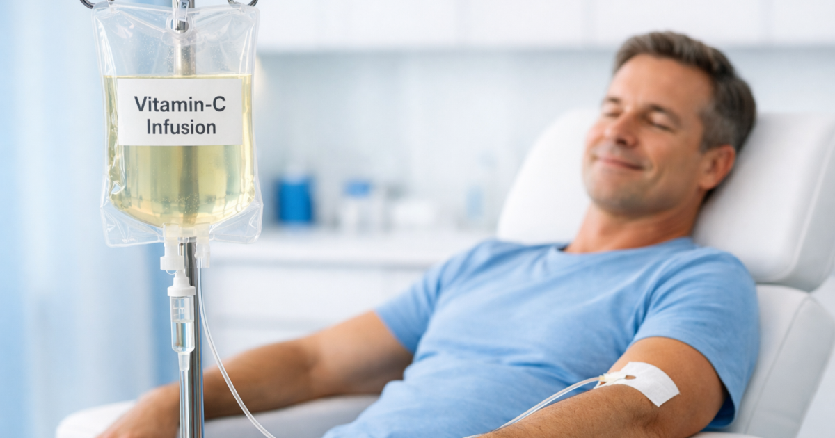Vitamin-C-Infusion in moderner Arztpraxis: Transparenter Infusionsbeutel mit leicht gelblicher Flüssigkeit und Etikett „Vitamin-C Infusion“ hängt am Ständer, Schlauch führt zum entspannten Patienten mit Pflaster am Arm, helle saubere klinische Umgebung mit viel Tageslicht.